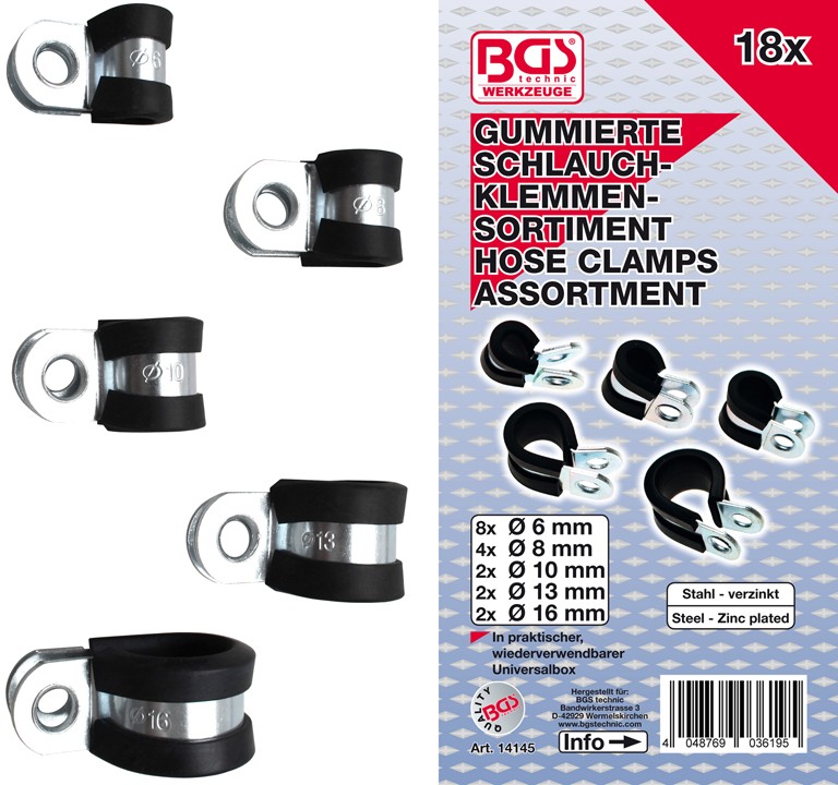 BGS Gummibelagt slangeklemmesortiment. 6-16mm. 18 dele BGS